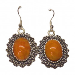 boucles  vintage  imitation pierre  d'ambre 3cm x3cm carbochon métal argenté